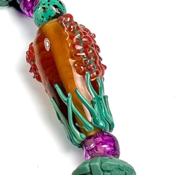 Blue Cinnabar Vase Bead Necklace w/ Blue Cats Eye Beads & Glass Lampwork Beads - Picture 7 of 12